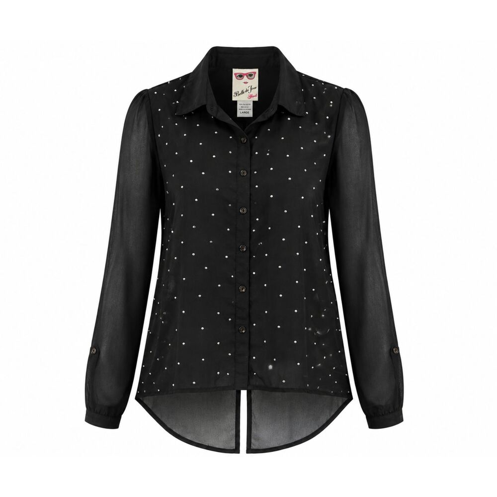 Belle du Jour Girls Large Black Sheer Rhinestone Studded High Low Blouse
